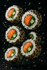 Flying Sushi Rolls with Salmon, Cucumber, and Sesame Seeds on Dark Background