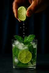 Fresh Lime Juice Squeezing into Classic Mojito Cocktail with Ice and Mint Leaves
