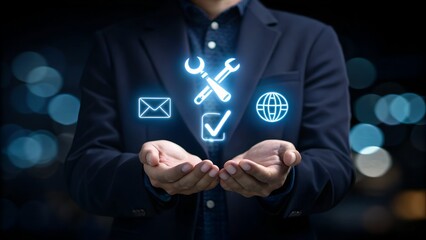 Customer service and support solution, Businessman offering digital support with global communication icons. Contact us page, online helpdesk, 24/7 service, Ai chatbot, email, Ai assistance.