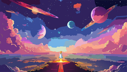 Universe in her beauty - a space shuttle is taking off before a gorgeus sky with stars, clouds and planets 