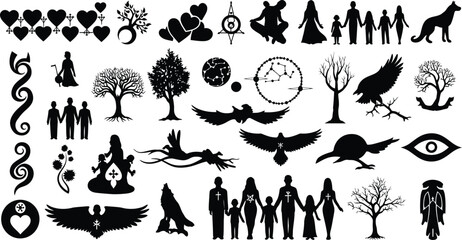 Spiritual Family Tattoo Vector Set: Compass, Heart, Feather, Tree, Dreamcatcher & Abstract Symbols for Unity and Connection.