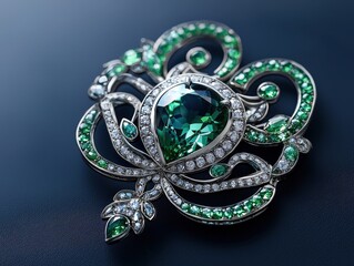 Jewelry with gemstones luxury silver brooch with Mint Garnet on a dark blue background