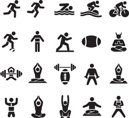 Collection of black sport and yoga icons on white background running swimming cycling weightlifting