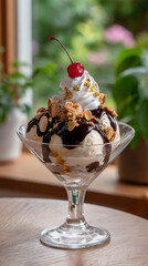 Classic Ice Cream Sundae with Chocolate Syrup and Cherry