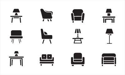 A collection of simple, black and white silhouette icons depicting various modern furniture pieces, including chairs, armchairs, sofas, tables, and lamps vector art on white