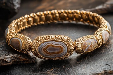 Obraz premium Jewelry with gemstones luxury gold bracelet with Crazy Lace Agate on a dark brown background