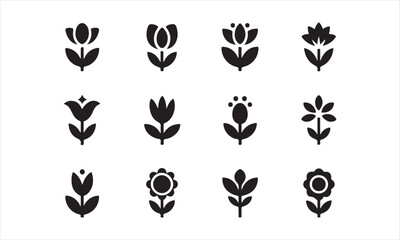 Set of Simple Black and White Floral Icons, a collection of nine stylized flower icons vector art on white