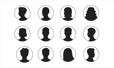 User Profile Silhouettes in Circular Frames, A set of profile silhouettes of men and women in circular frames vector art on white