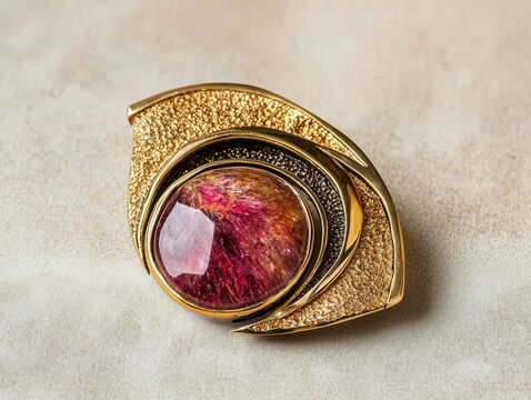 Jewelry with gemstones modern brooch with Spectrolite on a beige background