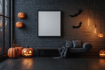 Spooky Halloween decoration featuring pumpkins, bats and a blank frame on a dark brick wall in a festive scene