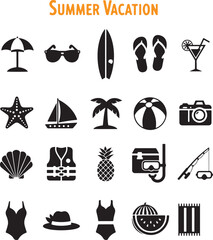 Collection of black summer vacation icons and text on white background beach travel