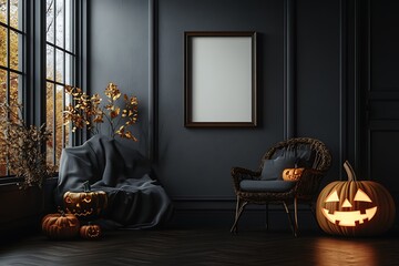 Stylish Halloween home setting with carved pumpkins, dark walls, elegant autumn decor and an empty picture frame.