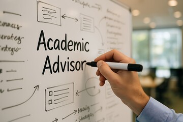 A person writes "Academic Advisor" on a whiteboard surrounded by flow chart diagrams