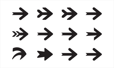 A set of black arrow icons in various styles, perfect for design templates, presentations, websites, or any project requiring directional indicators vector art on white