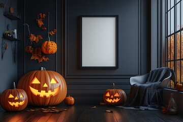 Halloween celebration with glowing jack o lanterns and festive decorations in a cozy, stylish decorated home.