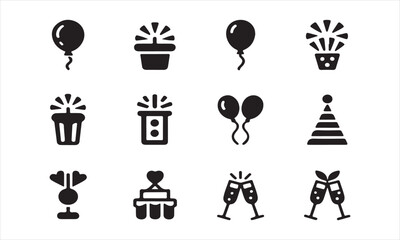Set of Black and White Party Icons, set of simple, black and white icons depicts various party-related elements vector art on white