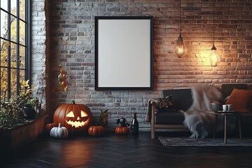 Halloween decor features carved pumpkins, lights, and a blank frame in a cozy interior scene perfect for fall holidays.