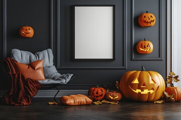 Spooky season scene showcases grinning jack-o-lanterns beside a cozy chair, evoking autumn festivities and Halloween cheer.