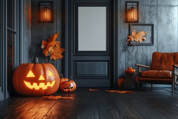Halloween pumpkins and autumn leaves create a spooky yet cozy seasonal atmosphere in a dark, rustic living room