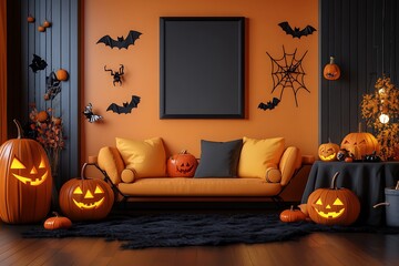Festive living room display showcasing carved pumpkins and bat decorations for a Halloween celebration indoors.