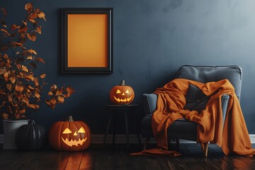 Festive Halloween pumpkins glow in a moody room setting with armchair, blanket, and fall decor creating a cozy atmosphere.