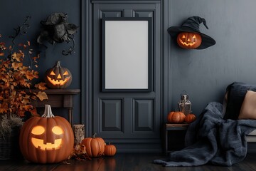 Festive autumn decorations in a vintage room feature glowing pumpkins and seasonal Halloween decorations perfect for a cozy interior