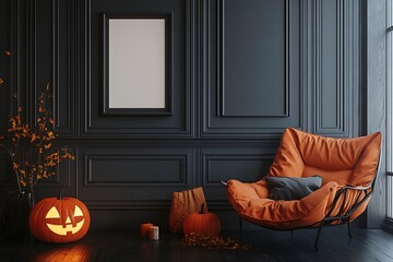 Spooky Halloween decoration featuring pumpkins and a comfy armchair in a room with dark walls and a festive vibe
