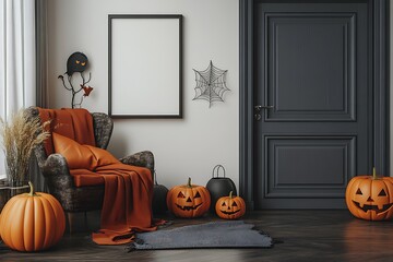 Cozy Halloween interior scene with carved pumpkins, decorative spiderweb, chair and blank picture frame