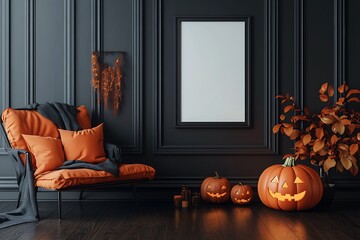 Cozy autumn ambiance with glowing Halloween pumpkins, a stylish chair, and a decorative wall, perfect for seasonal designs.