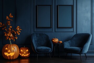 Moody Halloween ambiance with jack-o'-lanterns and elegant blue seating against a dark, sophisticated wall