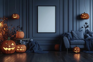 Spooky Halloween scene showcases carved pumpkins with glowing faces in an elegantly decorated interior living room.