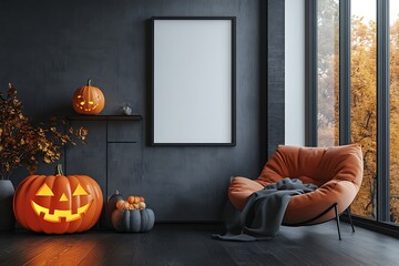 Spooky Halloween interior showcases glowing jack o lanterns, pumpkins, and autumn foliage near a comfortable armchair.