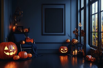 Festive Halloween ambiance glows with jack-o'-lanterns in a dimly lit elegant room with fall foliage and decor.