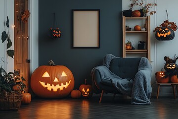 Spooky Halloween home decoration with glowing pumpkins, blank picture frame, comfortable chair and festive decor