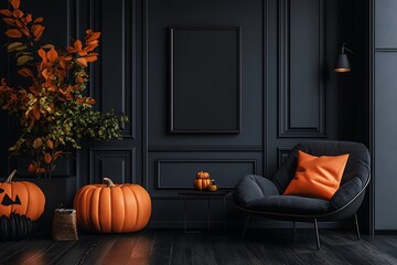 A moody Halloween interior scene with pumpkins, a dark chair, and autumn leaves creating a cozy, seasonal vibe.
