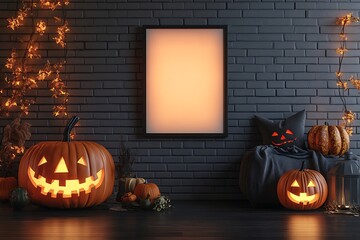 Spooky Halloween scene features glowing pumpkins, a black cat pillow, and a blank frame against a textured brick wall.