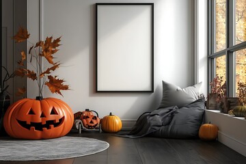 Festive Halloween atmosphere with carved pumpkins and autumnal leaves in a cozy and inviting interior setting