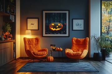 Autumn decor showcases Halloween pumpkin artwork in a stylish living room with orange chairs and a cozy atmosphere