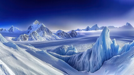 Breathtaking icy landscape with sharp blue ice ridges and snow covered peaks under clear blue sky, creating serene and majestic atmosphere