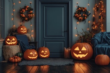 Fototapeta premium Spooky season door decoration with carved pumpkins, leaves, and plants create a happy Halloween mood at home.