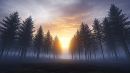 Serene forest with tall pine trees silhouetted against vibrant sunrise, shrouded in dense fog, creating surreal and tranquil atmosphere