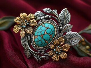 Naklejka premium Jewelry with gemstones modern brooch with Occidental Turquoise on a burgundy background