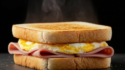 Savory Sandwich: A close-up shot captures the tempting details of a toasted sandwich, featuring a perfectly fried egg and layered ham, offering a moment of culinary delight.