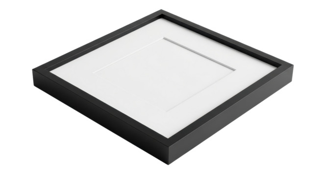 Black square picture frame with blank white insert for mockups isolated PNG with Transparent Background