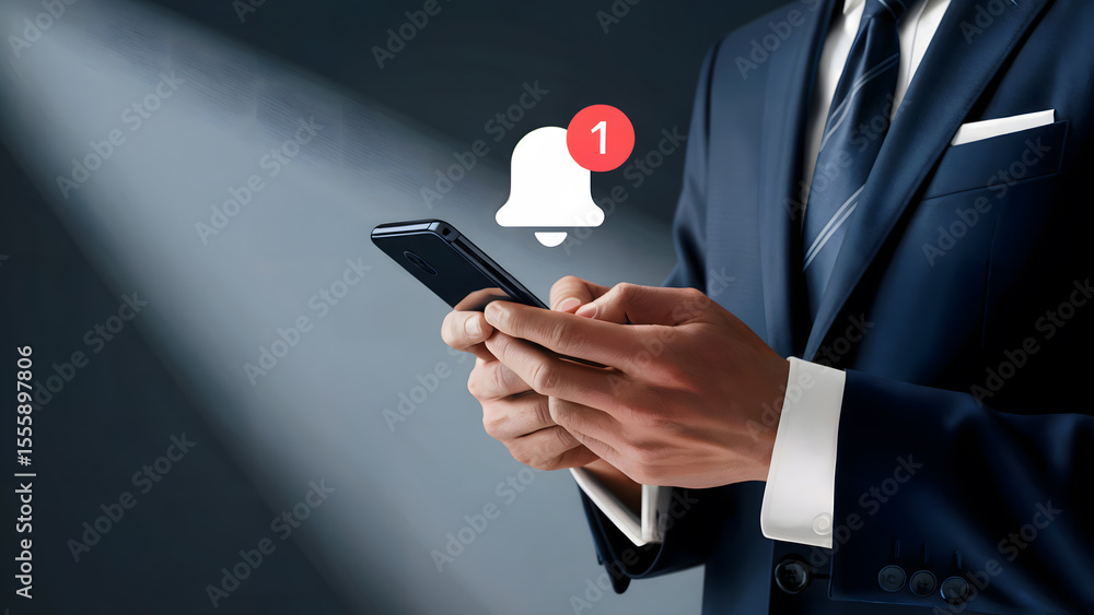 Poster business professional checks notifications on smartphone, showing alert symbol, a convenient way to 
