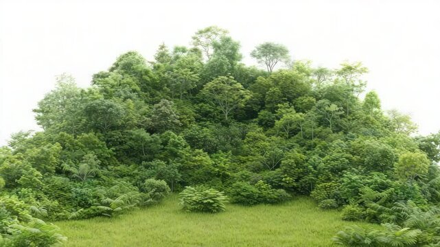 technology and nature for sustainable growth concept. A lush, circular miniature forest with dense trees and greenery rising around an open grassy clearing.