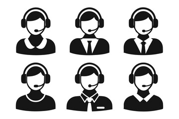 Minimalist Customer Service Agent Icons with Headphones in Black