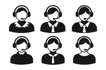Black and White Customer Support Agent Vector Icons with Headsets