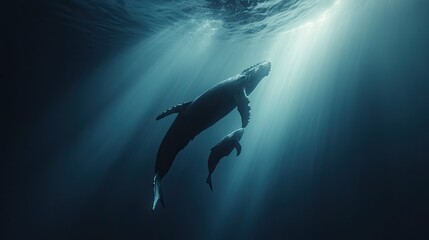 A breathtaking shot of a humpback whale mother swimming beside her calf in deep blue waters