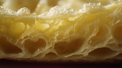 A close up view of the inside of a croissant showing the layers and air pockets within the pastry